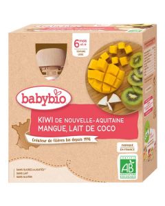 Babybio Gourdes Kiwi, Mangue, Lait de Coco Dès 6 Mois 4x90g
