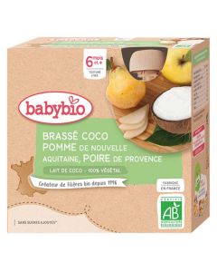 Babybio Brassé Végétal Lait de Coco, Pomme, Poire Dès 6 Mois 4x85g