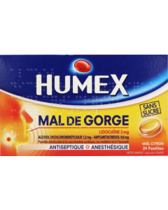 Humex Mal Gorge Lidocaine Miel Citron Sans Sucre 24 pastilles