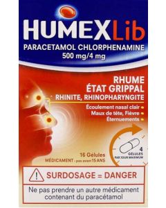 Humexlib État Grippal Paracétamol Chlorphénamine 500mg/4mg Gélules x16