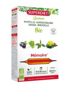 Superdiet Quatuor Ginkgo Mémoire Bio
Ginkgo Biloba, Sauge, Myrtille, Rhodiola -  20 Ampoules de 15ml 