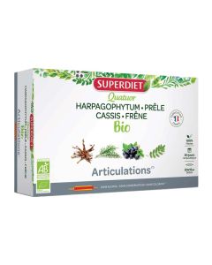 Superdiet Quatuor Prêle Articulations  Bio
Harpagophytum, Prêle, Cassis, Frêne - 20 Ampoules de 15ml