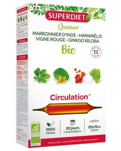 Superdiet Quatuor Vigne Rouge Circulation Bio
Marronnier D'Inde, Hamamélis, Vigne Rouge, Ginkgo - 20 Ampoules de 15ml 