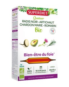 Superdiet Quatuor Chardon Marie Digestion Bio
Radis Noir, Artichaut, Chardon Marie, Romarin -  20 Ampoules de 15ml 