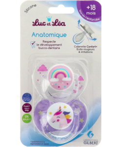 Luc et Léa Sucette Anatomique Motif Licorne Arc-En-Ciel +18 mois x2