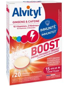 Alvityl Boost Comprimés Effervescents, goût orange Ginseng & Caféine, 10 vitamines, 2 minéraux 20 comprimés