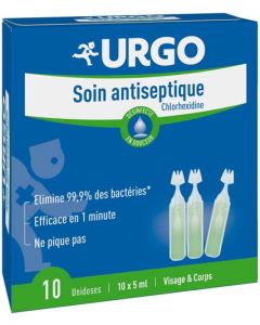 Urgo Soin Antiseptique Chlorhexidine Désinfecte en Douceur Visage et Corps 10 Unidoses