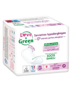 Love & Green Serviettes Hypoallergéniques Nuit Extra Large x 9 