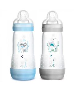 MAM Biberon Easy Start Anti-Colique 320ml - 0 à 6 mois - Tétine Débit 3 - Lot de 2 - Garçon